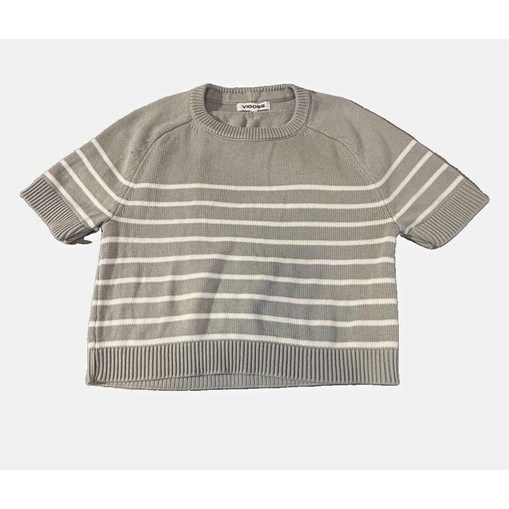Vigoss Women’s Gray White Striped Knit Crew Neck Raglan Sleeve Sweater M